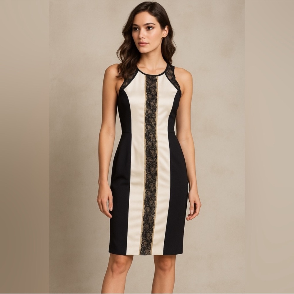 EUC JAYGODFREY Black Cream Silk Racerback Dress with Lace Accents Needs Cleaning